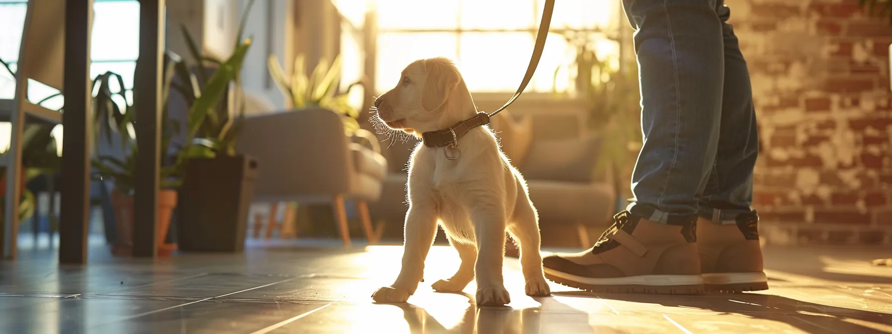 professional business trainer working with a puppy on a leash in a simulated real-world environment.